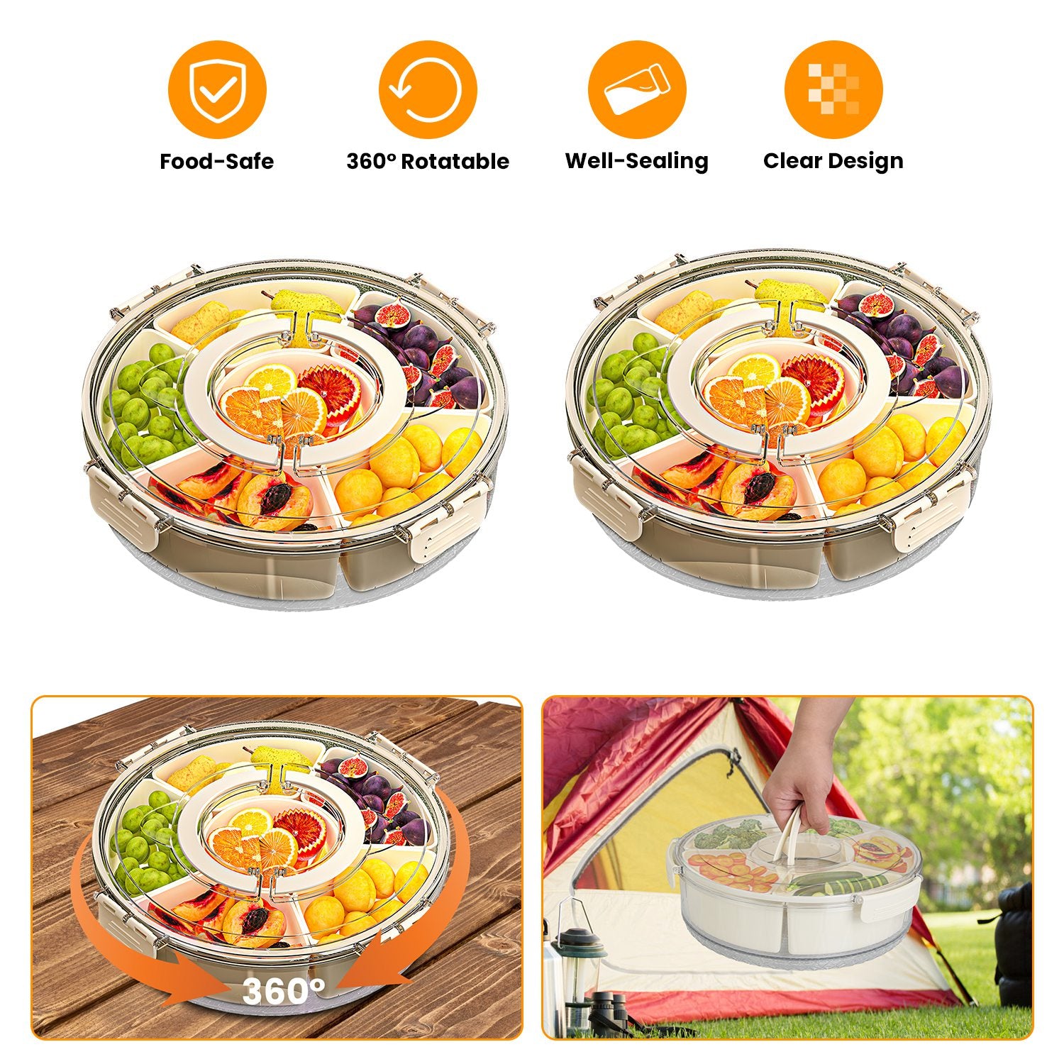 2Pcs Divided Serving Tray With Lid And Handle 360 Degree Rotatable Snack Box Container With 6 Dividers Clear Portable Snack Platters For Fruit Candy Nut Snack Perfect For Party Picnic S