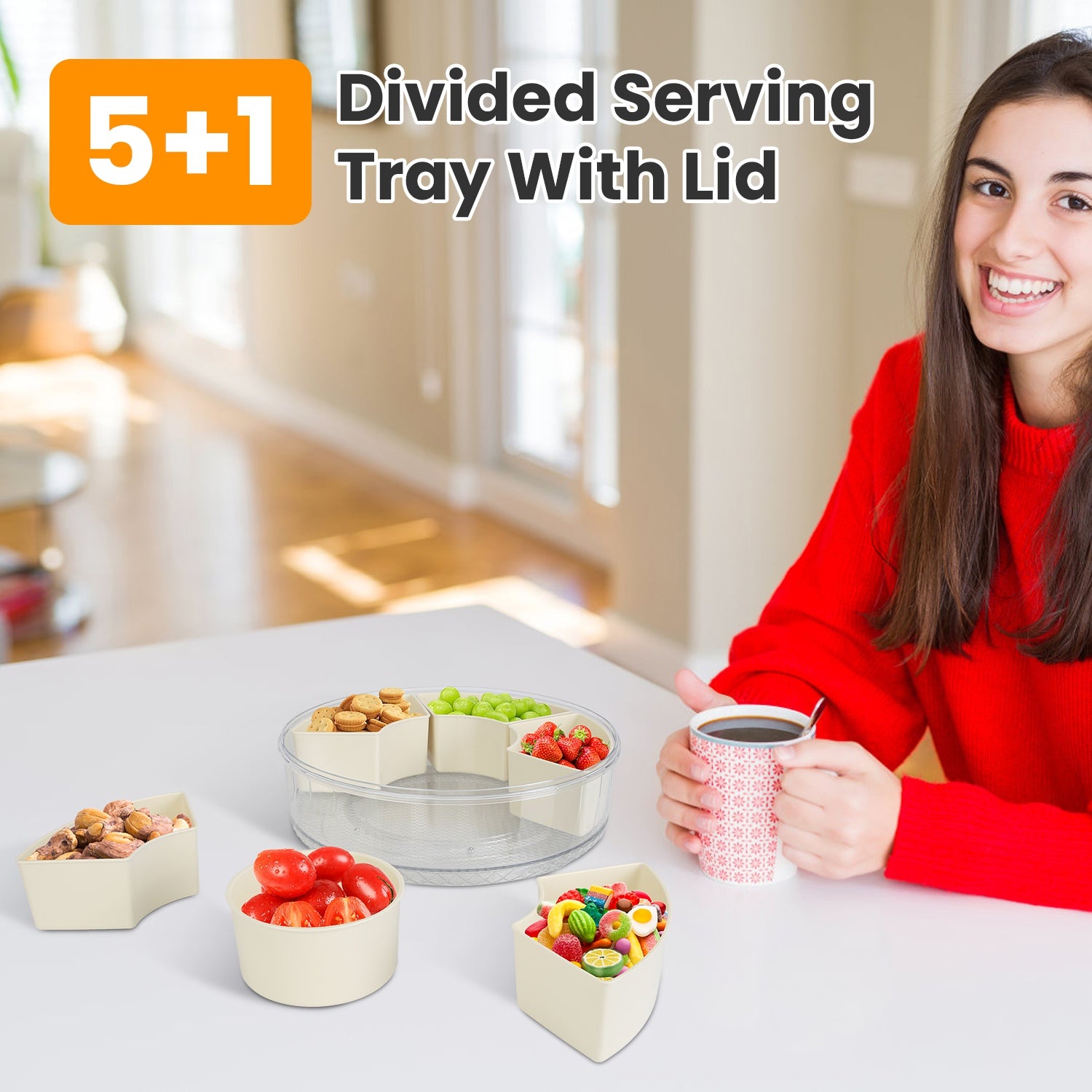 2Pcs Divided Serving Tray With Lid And Handle 360 Degree Rotatable Snack Box Container With 6 Dividers Clear Portable Snack Platters For Fruit Candy Nut Snack Perfect For Party Picnic S